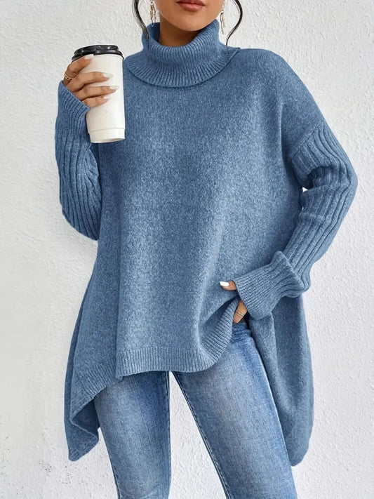 Women's Oversized Turtleneck Sweater Wool Knit Asymmetrical Hem