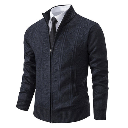 Men’s Wool Knit Cardigan Jacket with Zipper Closure and Stand Collar