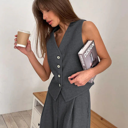 Women's Wide-Leg Pants Set with Button Detail