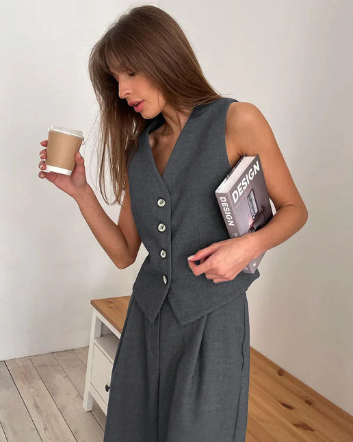 Women's Wide-Leg Pants Set with Button Detail
