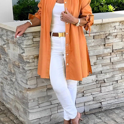 Women's Button-Up Blouse with Pleated Back and Tie Sleeves