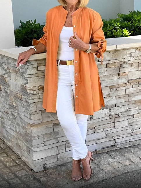 Women's Button-Up Blouse with Pleated Back and Tie Sleeves