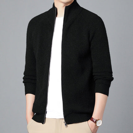 Men’s Wool Knit Cardigan Sweater with Zip Front and Relaxed Fit