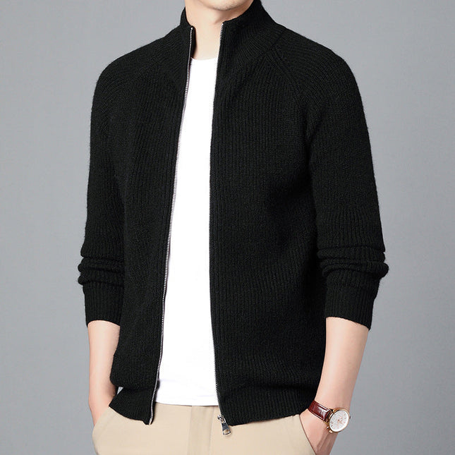 Men’s Wool Knit Cardigan Sweater with Zip Front and Relaxed Fit