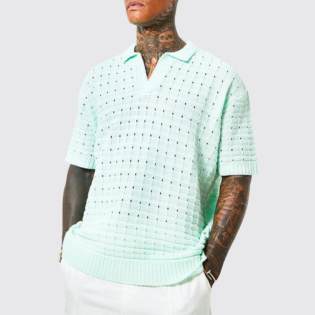 Men's V-Neck Knit Polo Shirt Cotton Blend