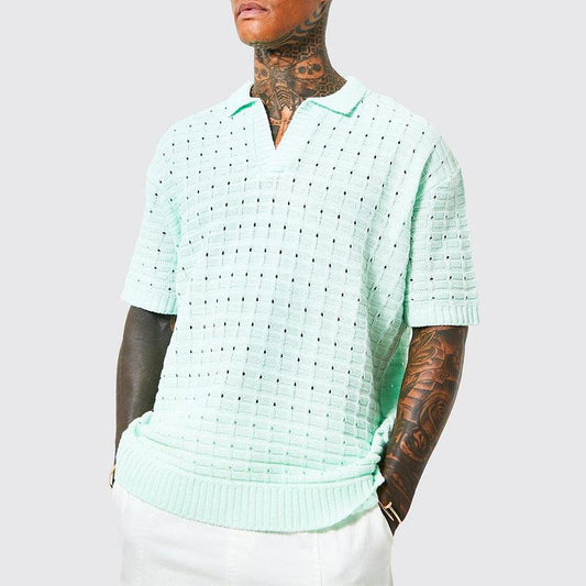 Men's V-Neck Knit Polo Shirt Cotton Blend
