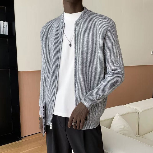 Men's Ribbed Knit Cardigan with Double Zipper and Relaxed Fit