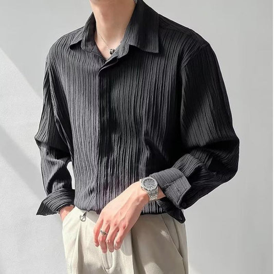Men's Long Sleeve Shirt Textured Crinkle Fabric Relaxed Fit