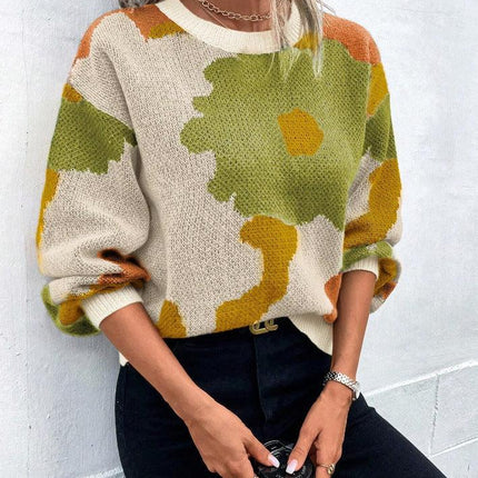 Women's Knit Pullover Sweater Relaxed Fit Balloon Sleeves Round Neck Patterned