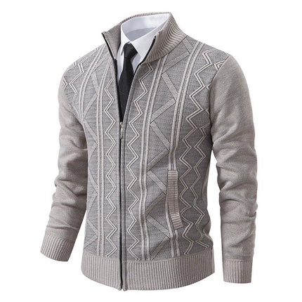 Men’s Wool Knit Cardigan Jacket with Zipper Closure and Stand Collar