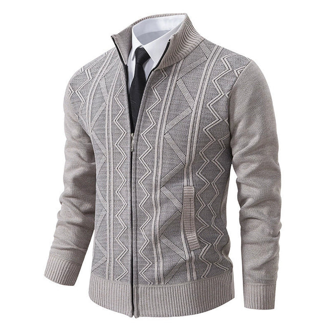 Men’s Wool Knit Cardigan Jacket with Zipper Closure and Stand Collar