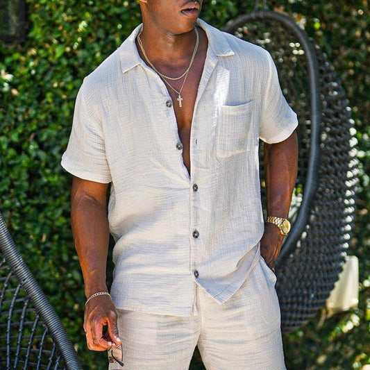 Men’s Short Sleeve Button-Up Shirt Cotton Linen Blend Relaxed Fit
