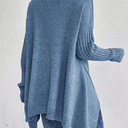 Women's Oversized Turtleneck Sweater Wool Knit Asymmetrical Hem