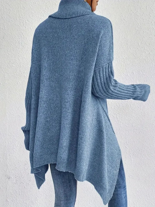 Women's Oversized Turtleneck Sweater Wool Knit Asymmetrical Hem