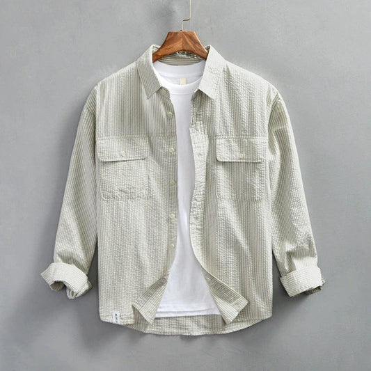 Men's Lightweight Cotton Button-Up Shirt Striped Long Sleeve Relaxed Fit