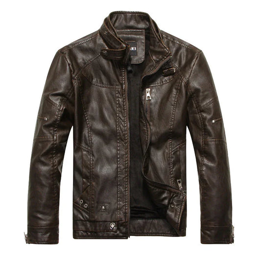 Men's Slim Fit PU Leather Biker Jacket with Zipper Front and Stand Collar