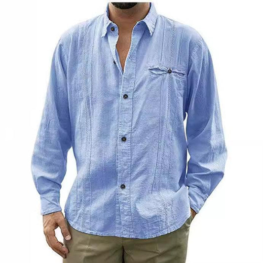 Men’s Long Sleeve Button-Up Linen Shirt with Chest Pocket