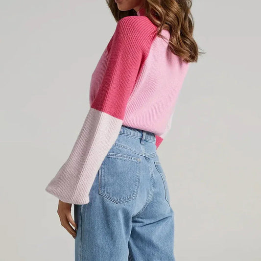 Women's Oversized Ribbed Knit Pullover Sweater with Mock Neck and Bell Sleeves