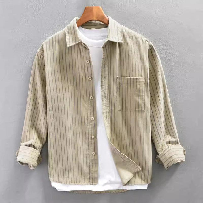 Men's Lightweight Cotton Long Sleeve Shirt - Relaxed Fit Vertical Stripes