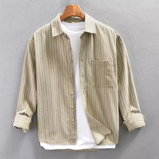 Men's Lightweight Cotton Long Sleeve Shirt - Relaxed Fit Vertical Stripes