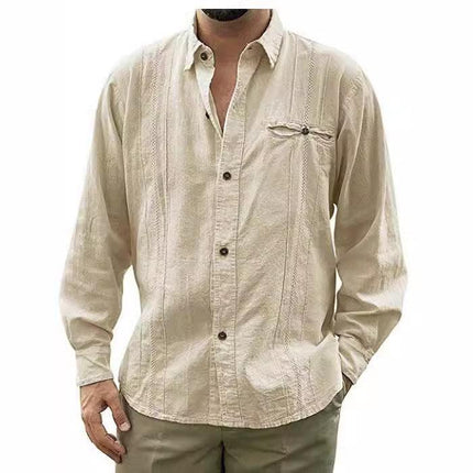 Men’s Long Sleeve Button-Up Linen Shirt with Chest Pocket