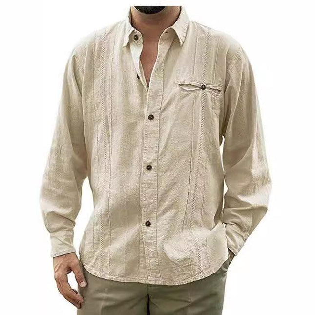 Men’s Long Sleeve Button-Up Linen Shirt with Chest Pocket