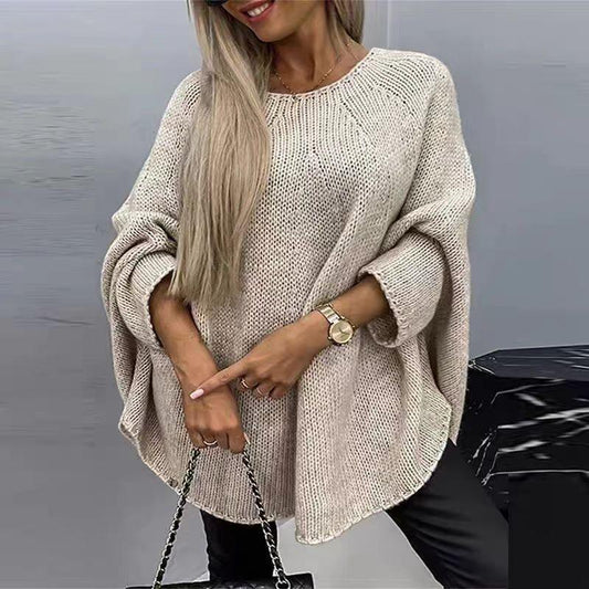 Women's Oversized Knit Cape Sweater Wool Blend Batwing Sleeves