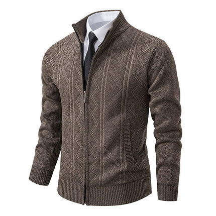 Men’s Wool Knit Cardigan Jacket with Zipper Closure and Stand Collar