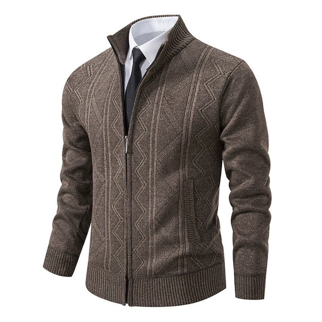 Men’s Wool Knit Cardigan Jacket with Zipper Closure and Stand Collar