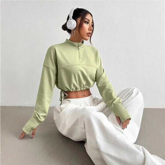 Women's Cropped Sweatshirt Cotton Blend Zip Neck Balloon Sleeves