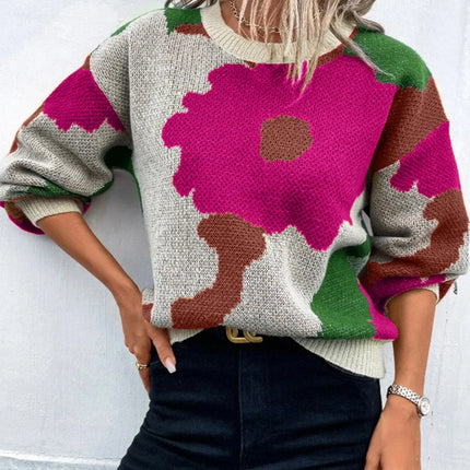 Women's Knit Pullover Sweater Relaxed Fit Balloon Sleeves Round Neck Patterned