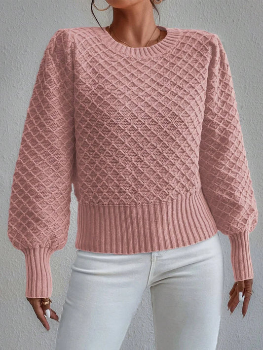 Women's Wool Blend Pullover Sweater - Relaxed Fit, Quilted Texture, Crew Neck