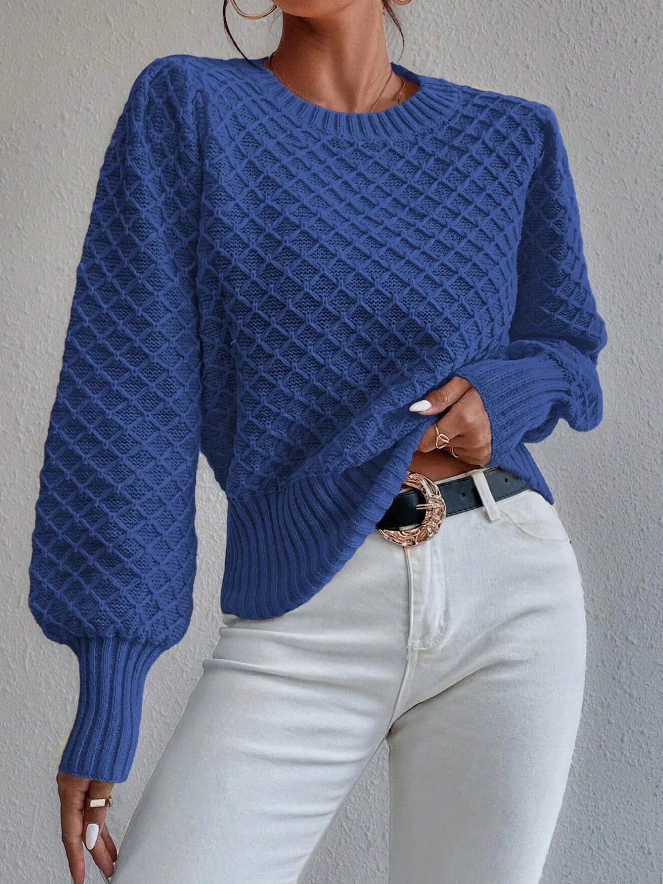 Women's Wool Blend Pullover Sweater - Relaxed Fit, Quilted Texture, Crew Neck