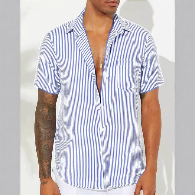 Men's Short Sleeve Casual Shirt Cotton Blend Vertical Stripes