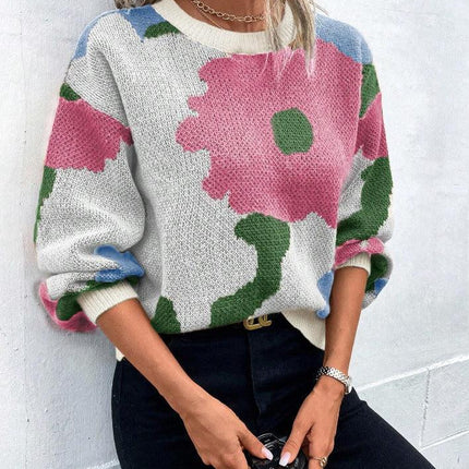 Women's Knit Pullover Sweater Relaxed Fit Balloon Sleeves Round Neck Patterned