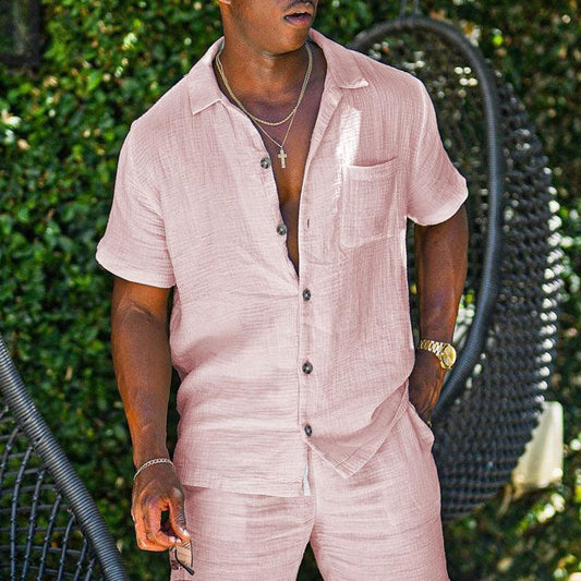 Men’s Short Sleeve Button-Up Shirt Cotton Linen Blend Relaxed Fit