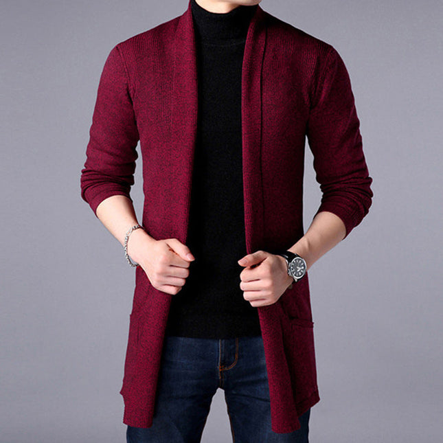 Men’s Knitted Long Cardigan Open Front Relaxed Fit Ribbed Trim