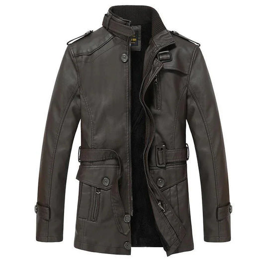 Men's Biker Jacket Faux Leather High Collar Zip Closure Multiple Pockets