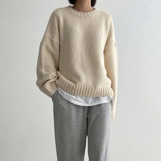 Women's Oversized Wool Sweater - Knitted Crew Neck with Ribbed Trim