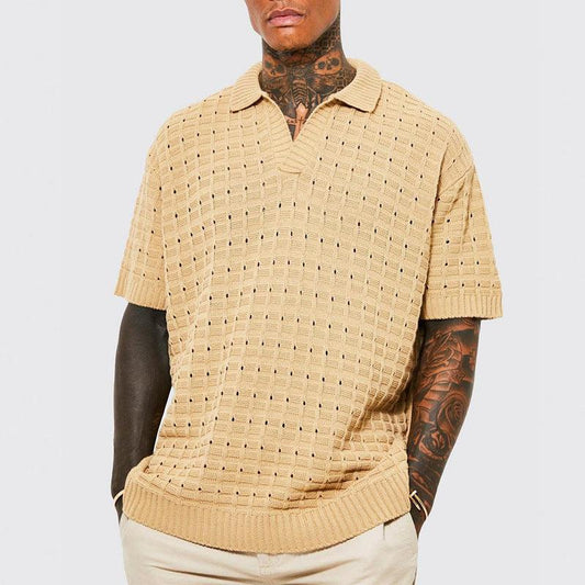 Men's V-Neck Knit Polo Shirt Cotton Blend