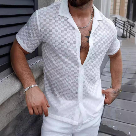 Men's Button-Up Knit Shirt with Lace Detail - Relaxed Fit Short Sleeve Casual Wear