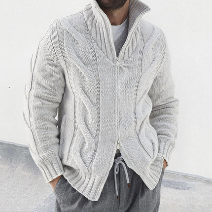 Men’s Wool Blend Knit Cardigan with High Neck and Cable Sleeves