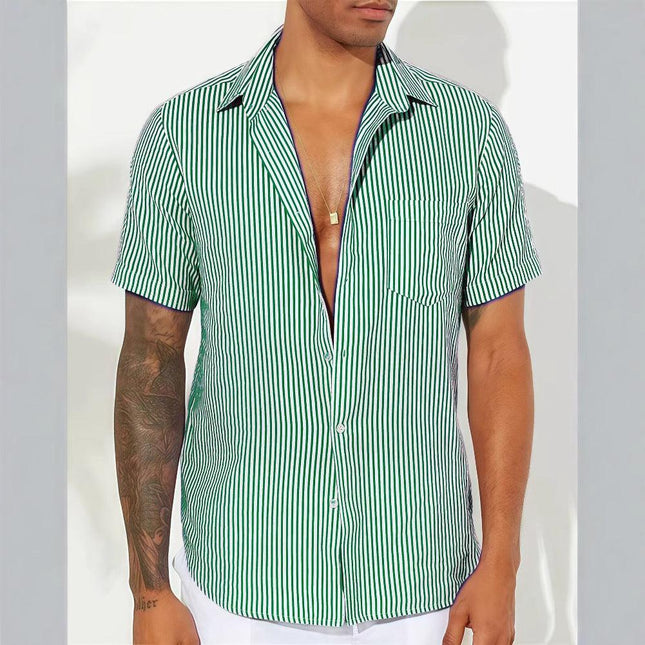 Men's Short Sleeve Casual Shirt Cotton Blend Vertical Stripes
