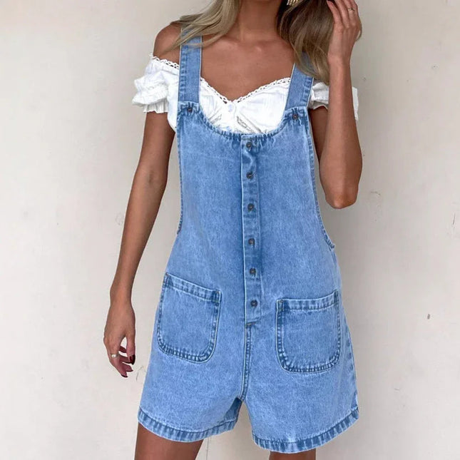 Women's Loose Fit Denim Dungaree Shorts with Adjustable Straps and Pockets