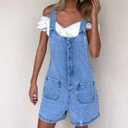 Women's Loose Fit Denim Dungaree Shorts with Adjustable Straps and Pockets