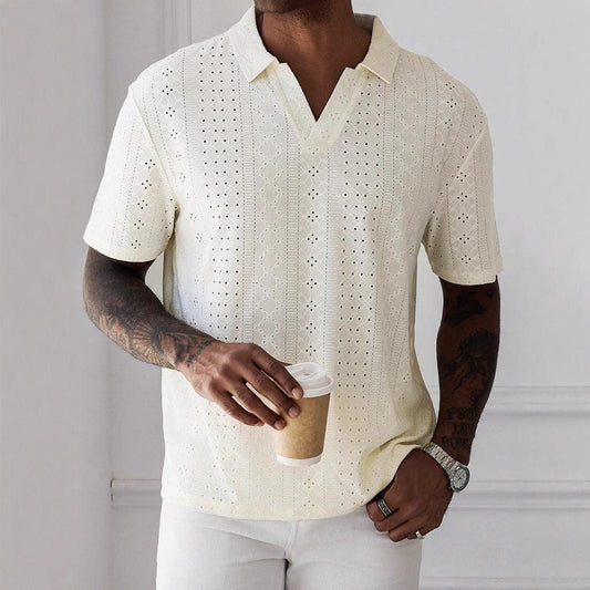 Men’s V-Neck Knit T-Shirt Jacquard Lace Relaxed Fit Short Sleeve