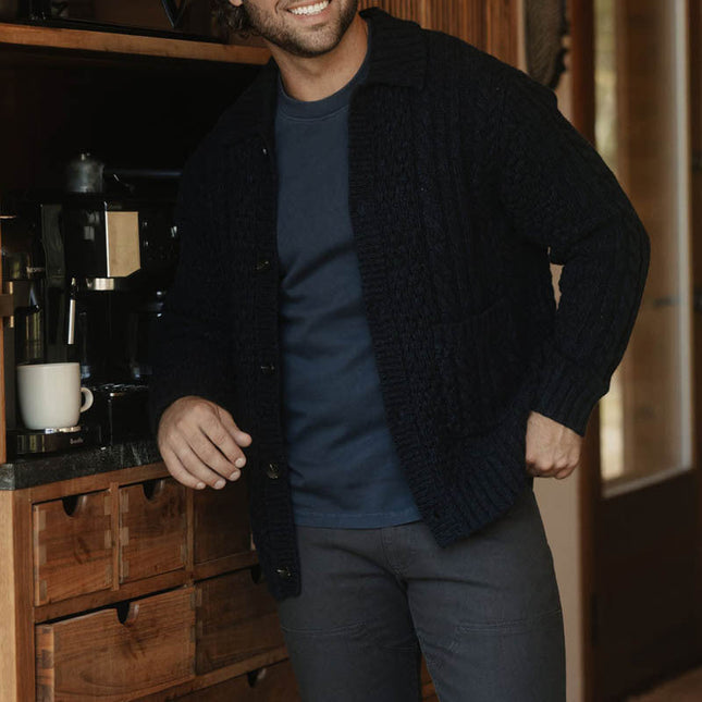 Men's Wool Blend Cable Knit Cardigan with Collar Pockets