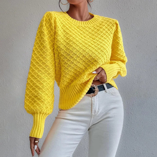 Women's Wool Blend Pullover Sweater - Relaxed Fit, Quilted Texture, Crew Neck