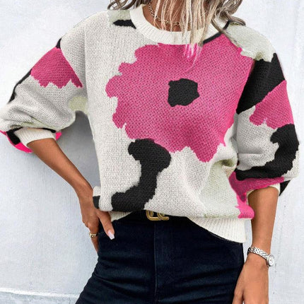 Women's Knit Pullover Sweater Relaxed Fit Balloon Sleeves Round Neck Patterned