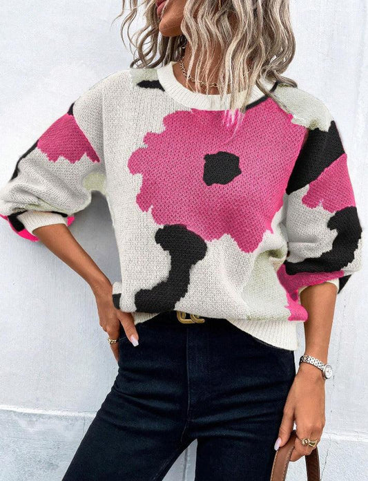 Women's Knit Pullover Sweater Relaxed Fit Balloon Sleeves Round Neck Patterned